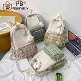 Nylon School Backpack Travel Daypacks Cartoon Pendant Plaid
