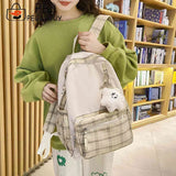 Nylon School Backpack Travel Daypacks Cartoon Pendant Plaid