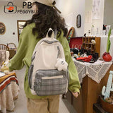 Nylon School Backpack Travel Daypacks Cartoon Pendant Plaid