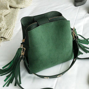 Vintage Tassel Messenger Bag Scrub Women Bucket Crossbody Shoulder Bag