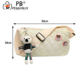 Quilted Shoulder Messenger Bag with Bear Pendant for Ladies Travel
