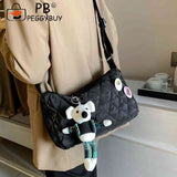 Quilted Shoulder Messenger Bag with Bear Pendant for Ladies Travel