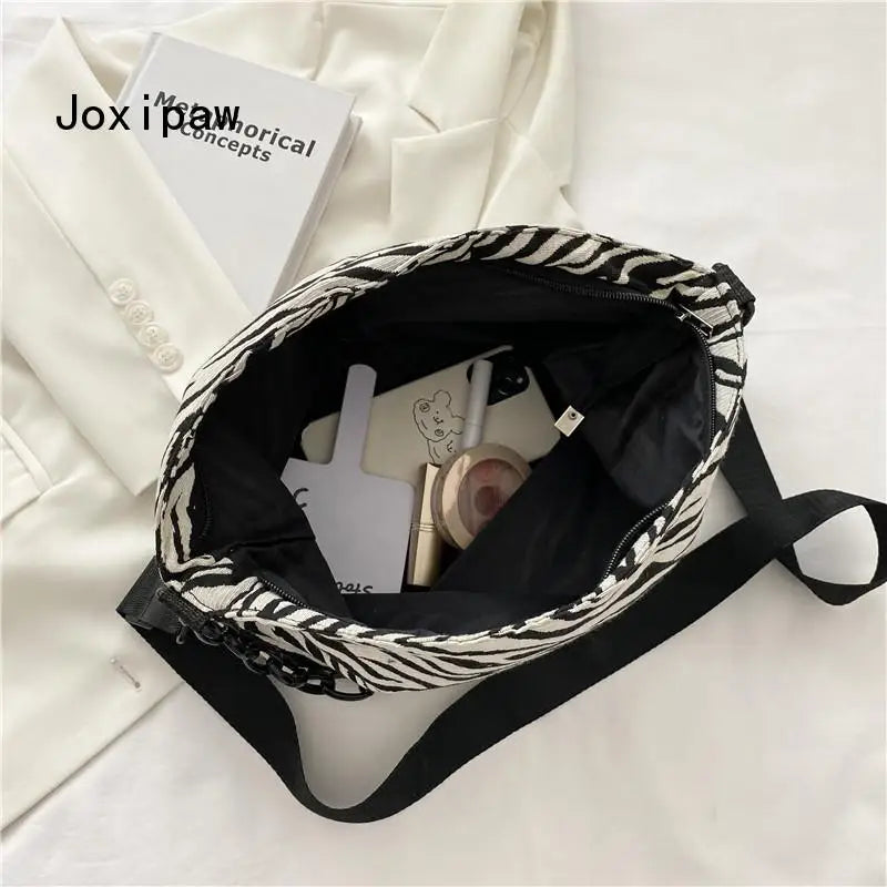 Vintage Striped Chain Crossbody Bag Women Casual Canvas