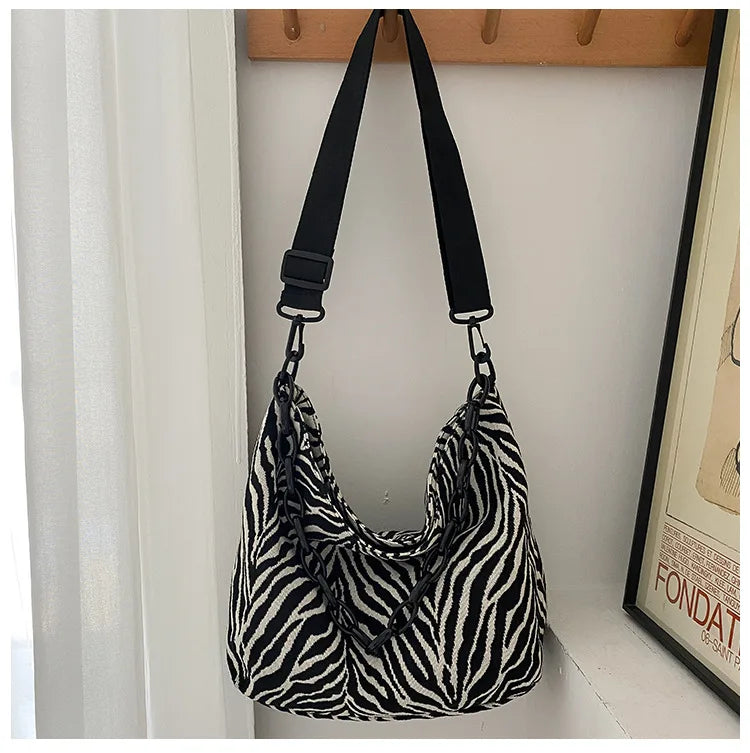 Vintage Striped Chain Crossbody Bag Women Casual Canvas