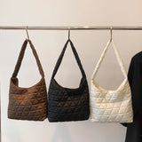 Soft Cotton Shoulder Bag Quilted Rhombus Pattern Lightweight Handbag