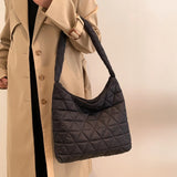 Soft Cotton Shoulder Bag Quilted Rhombus Pattern Lightweight Handbag