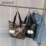 Quilted Crossbody Bag with PomPom, Large Capacity Ladies Tote Handbag