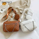 Rhombus Pattern Leather Shoulder Bag with Small Purse
