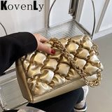 Leather Shoulder Bag Retro Small Quilted Metal Chain