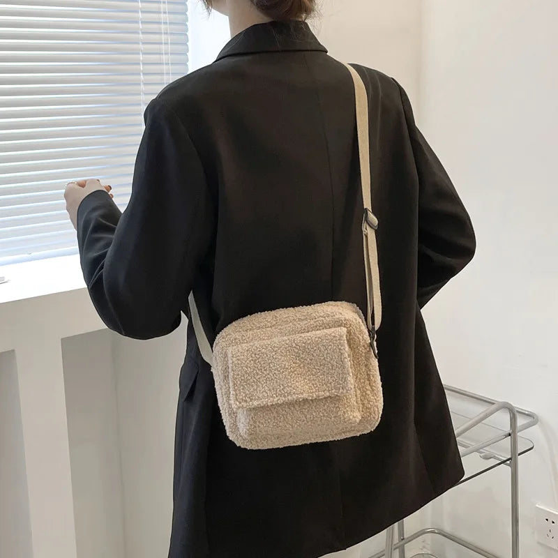 Women Vintage Lamb Wool Shoulder Bag Chain Crossbody Messenger Bag