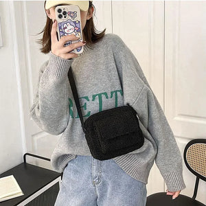 Women Vintage Lamb Wool Shoulder Bag Chain Crossbody Messenger Bag