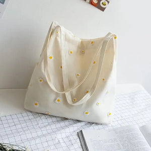 Canvas Shoulder Bag with Daisy Embroidery