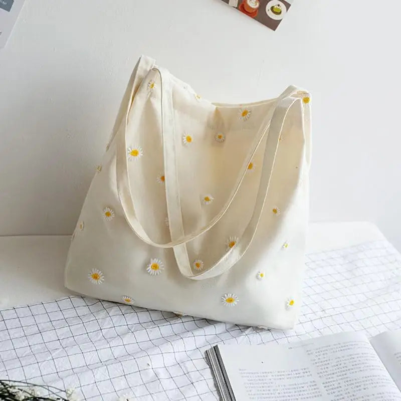 Canvas Shoulder Bag with Daisy Embroidery