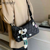 Shoulder Messenger Bag Cotton Padded Crossbody Handbag Rhombus Bear Pendant