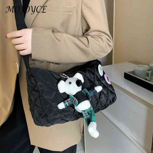 Shoulder Messenger Bag Cotton Padded Crossbody Handbag Rhombus Bear Pendant