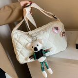 Shoulder Messenger Bag Cotton Padded Crossbody Handbag Rhombus Bear Pendant