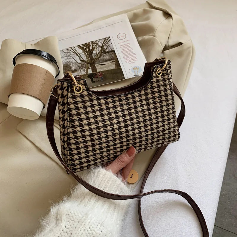 Shoulder Messenger Bag PU Leather Retro Houndstooth Print Handbags