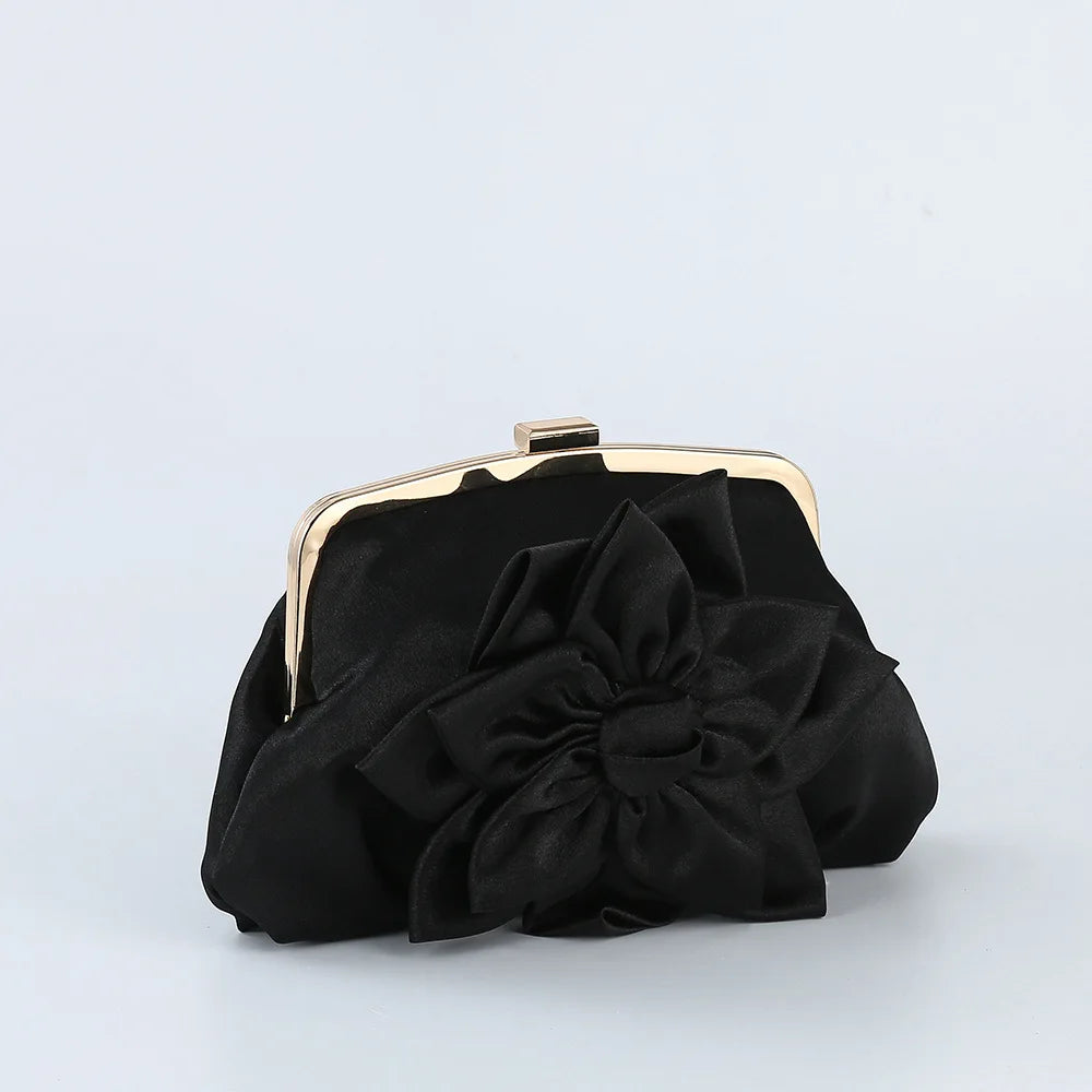 Satin Flower Decor Evening Bag for Women Bridal Clutch
