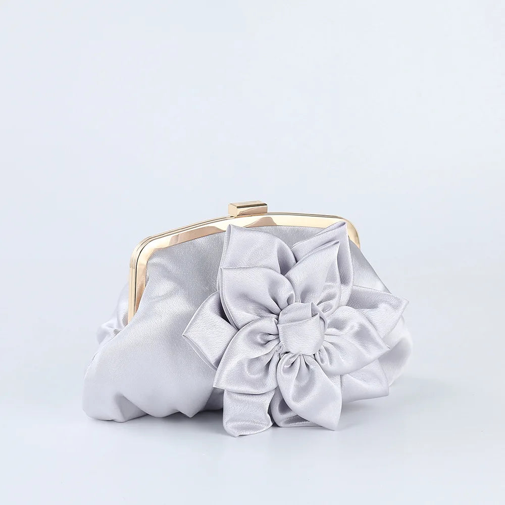 Satin Flower Decor Evening Bag for Women Bridal Clutch