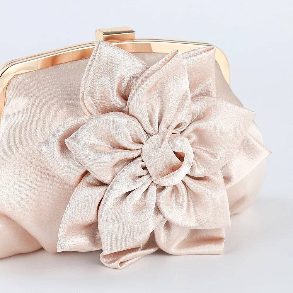 Satin Flower Decor Evening Bag for Women Bridal Clutch