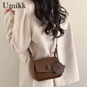 Small Crossbody Bag PU Leather Lightweight with Bear Pend