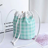 Plaid Drawstring Shoulder Crossbody Bag Women PU Leather Bucket Bags