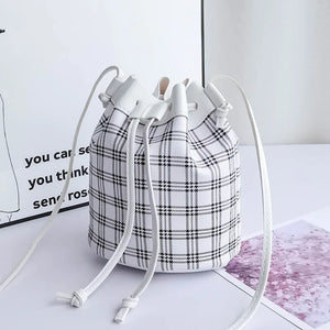 Plaid Drawstring Shoulder Crossbody Bag Women PU Leather Bucket Bags