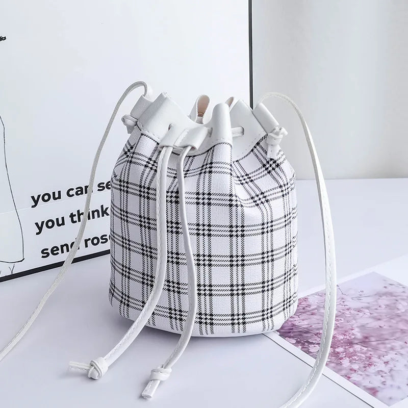 Plaid Drawstring Shoulder Crossbody Bag Women PU Leather Bucket Bags