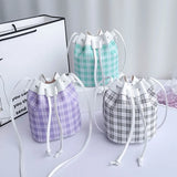 Plaid Drawstring Shoulder Crossbody Bag Women PU Leather Bucket Bags