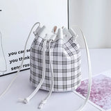 Plaid Drawstring Shoulder Crossbody Bag Women PU Leather Bucket Bags
