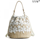 Women Beach Straw Woven Floral Embroidery Shoulder Bag