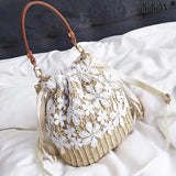 Women Beach Straw Woven Floral Embroidery Shoulder Bag