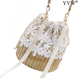 Women Beach Straw Woven Floral Embroidery Shoulder Bag