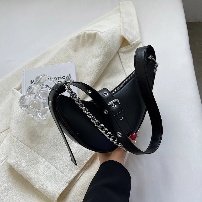 Thick Chain Saddle Shoulder Bag PU Leather Handbag Crossbody Bag