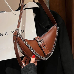 Thick Chain Saddle Shoulder Bag PU Leather Handbag Crossbody Bag