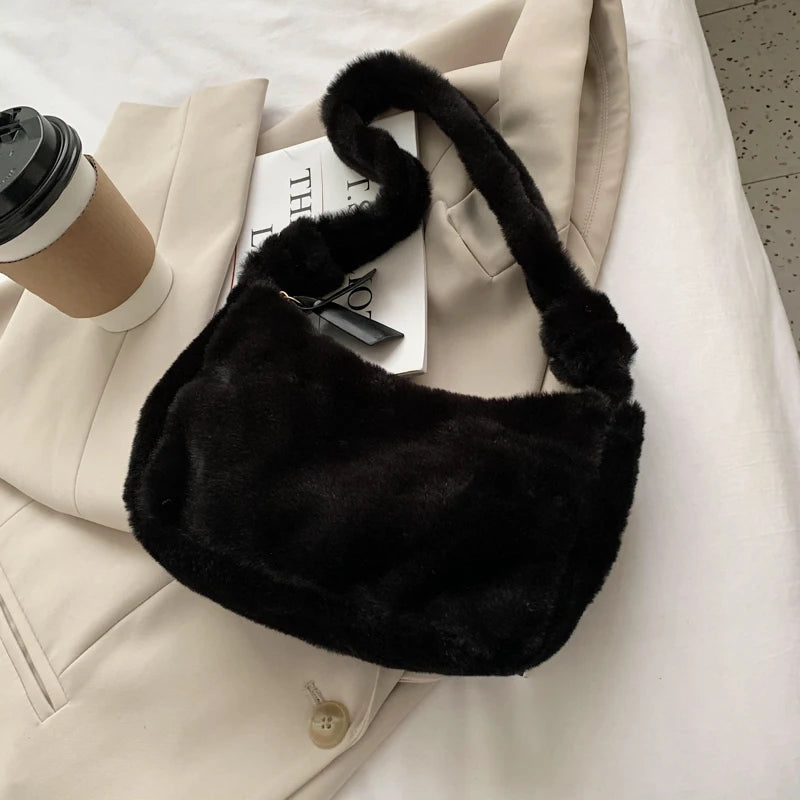 Soft Plush Handbags Faux Fur Hobo Small Shoulder Bag Clutch Purse Solid Female
