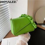 Flap Shoulder Bag PU Leather Women Handbag Ruched Handle Crossbody