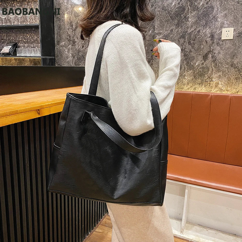 Autumn PU Leather Top-handle Bag Large Capacity Shoulder Tote