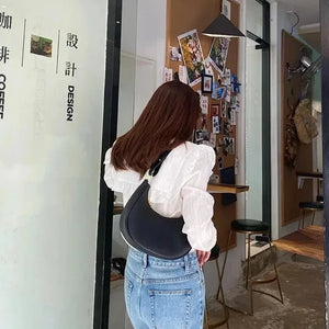 Solid PU Leather Half Moon Bag Casual Underarm Shoulder Handbag