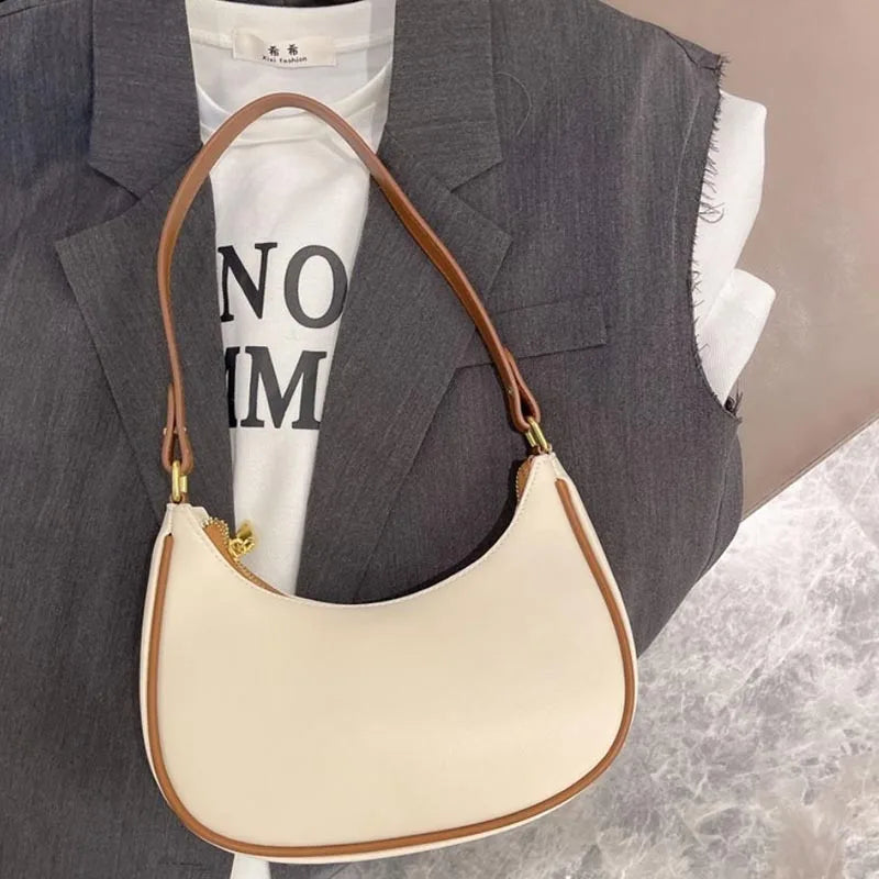 Solid PU Leather Half Moon Bag Casual Underarm Shoulder Handbag