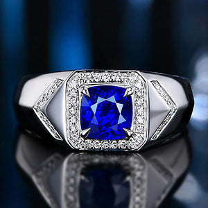 Crystal Sapphire Diamond Men's Ring Silver Jewelry