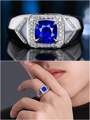 Crystal Sapphire Diamond Men's Ring Silver Jewelry