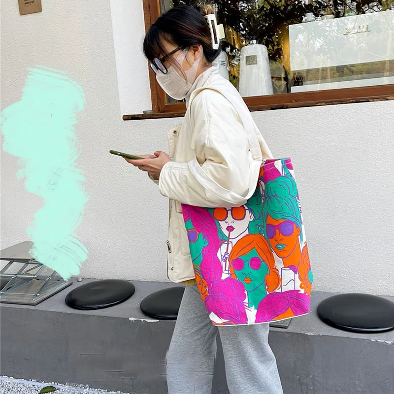 Bright European Canvas Bags Shopping Handbags Women Large Casual Totes Shoulder