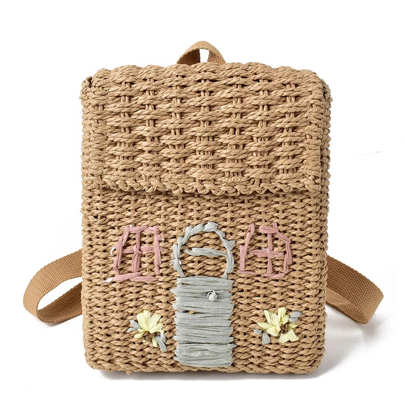 Rattan Backpack Girls Weave School Bags Beach Travel Women Shoulder B