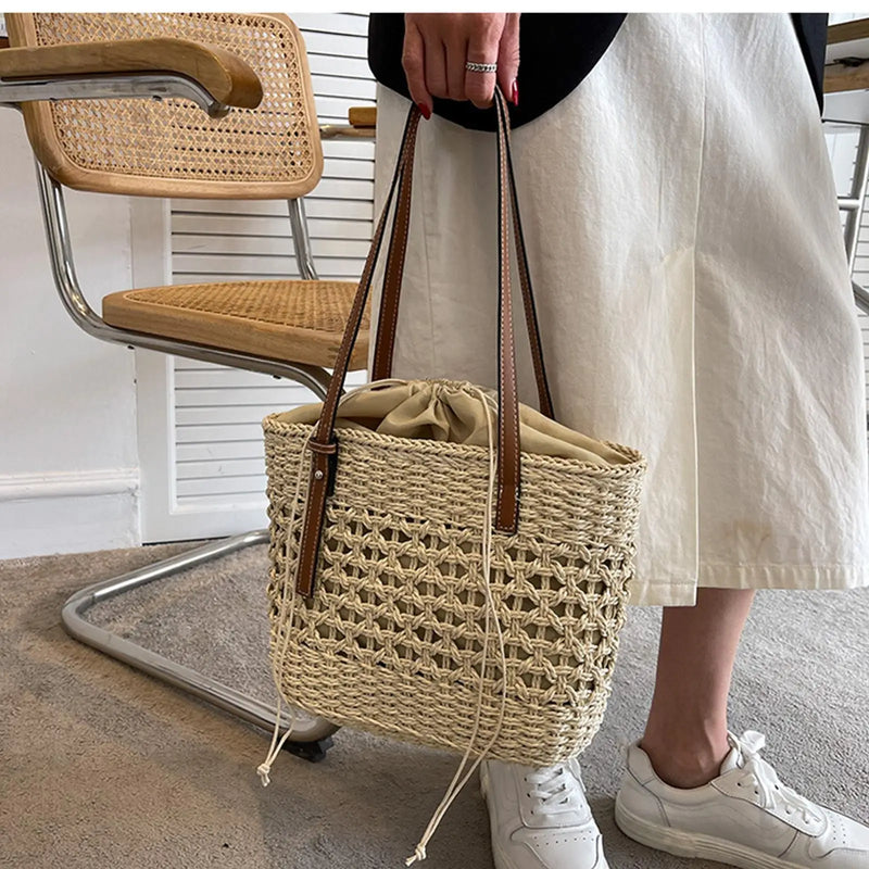 Straw Handbag Summer Bucket Handwoven Purse Tote Handle Bohemian Women Woven Bag