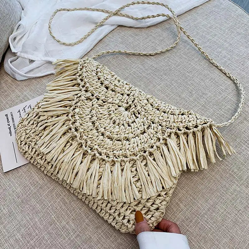 Woven Raffia Straw Shoulder Bag for Women