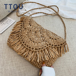 Woven Raffia Straw Shoulder Bag for Women