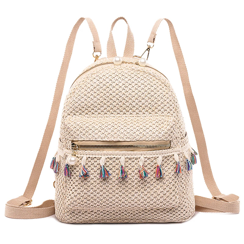 Straw Women Backpack Weave Tassel Shoulder Schoolbag Ladies Rucksack Mini Backpa