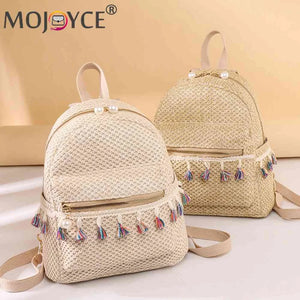 Straw Women Backpack Weave Tassel Shoulder Schoolbag Ladies Rucksack Mini Backpa