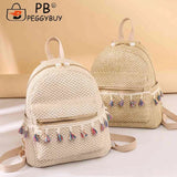 Straw Women Backpack Weave Tassel Beach Shoulder Schoolbag